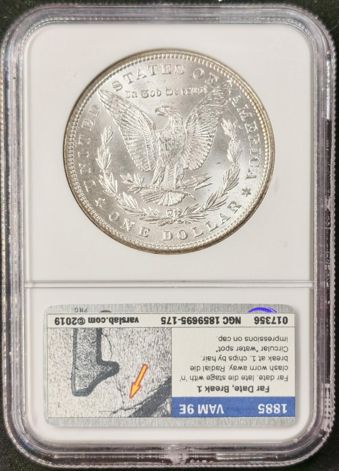 “福币呈祥”新年甄品场（直播拍卖）甄臻铺-世界币章拍卖（第50期），送拍享返佣金等优惠多多 NGC-MS63 美国1885年摩根一元银币，老盒子严评加小版再评，较少见