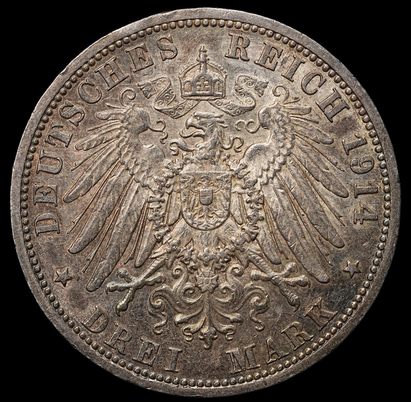 修遠堂世界钱币第105期，马年首拍 1914年普鲁士威廉二世军装3马克银币