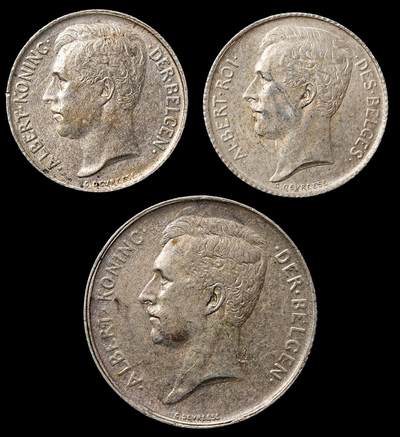 修遠堂世界钱币第105期，马年首拍 - 比利时银币3枚，总重10g，含银83.5%