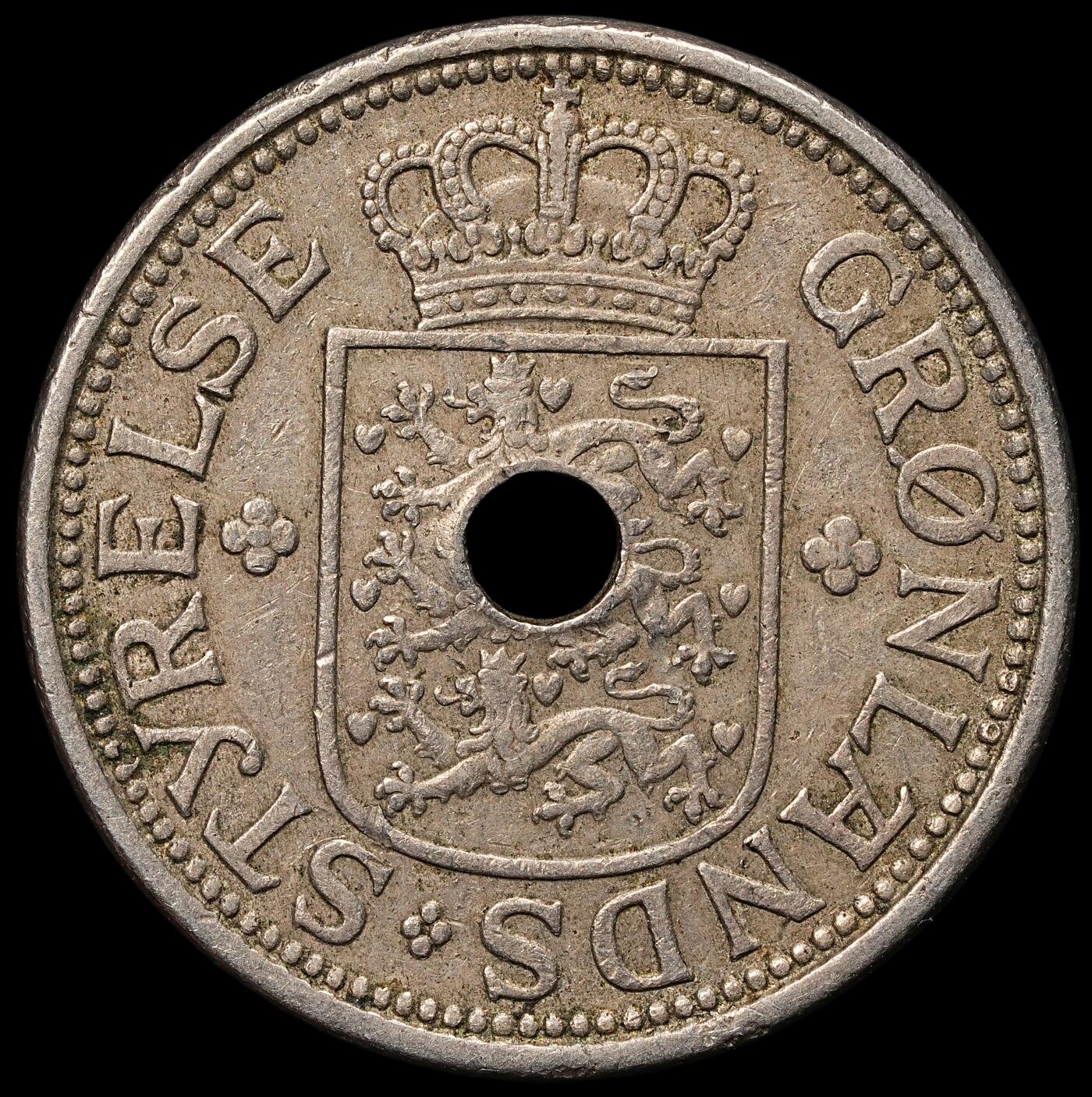 修遠堂世界钱币第105期，马年首拍 1926年格陵兰中孔25欧尔 ，1940/41年在纽约打孔，以避免与同尺寸1克朗硬币混淆，仅打孔6万枚