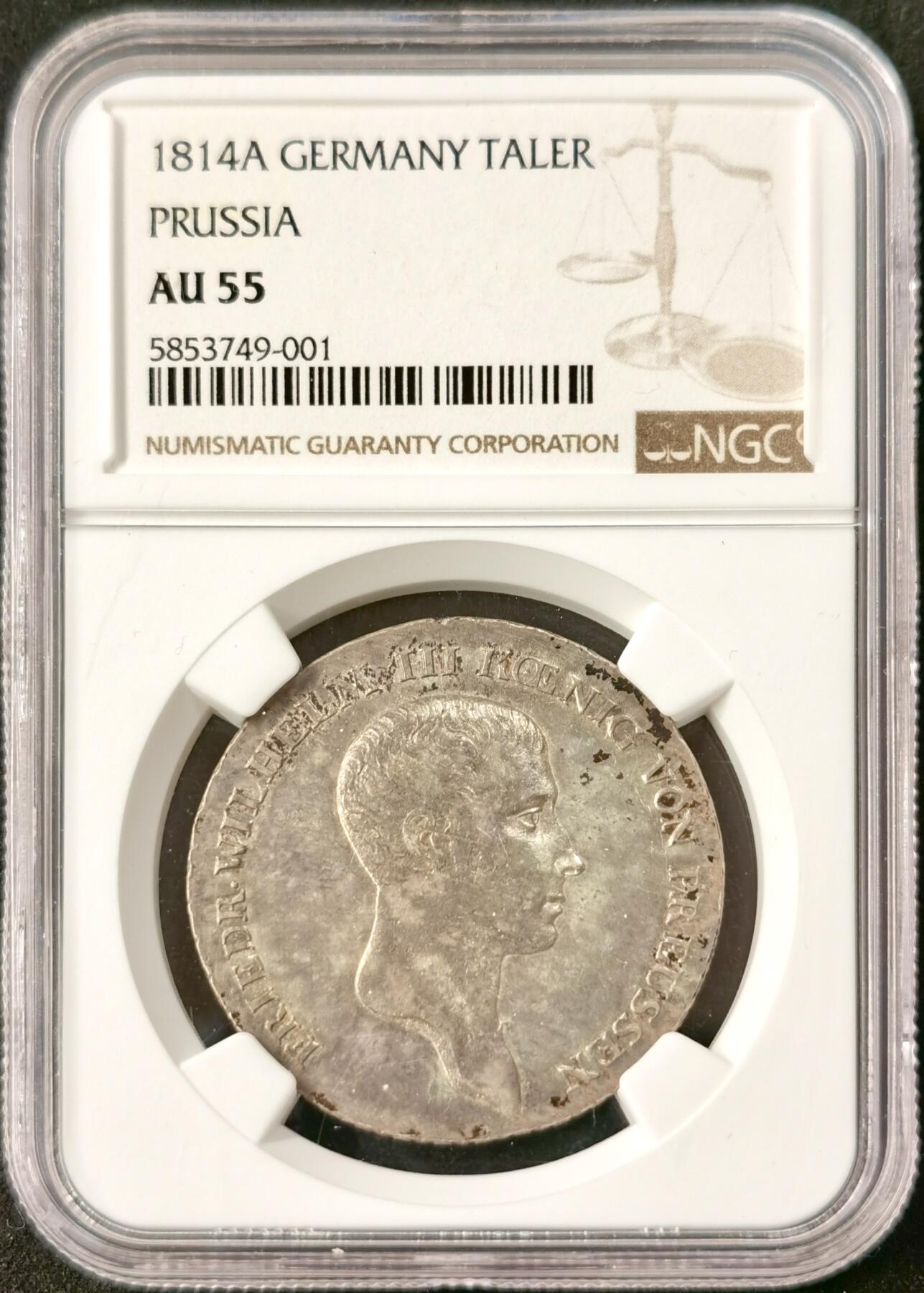 “福币呈祥”新年甄品场（直播拍卖）甄臻铺-世界币章拍卖（第50期），送拍享返佣金等优惠多多 NGC-AU55 德国普鲁士 1814年A厂 威廉三世1泰勒 双面老彩浆