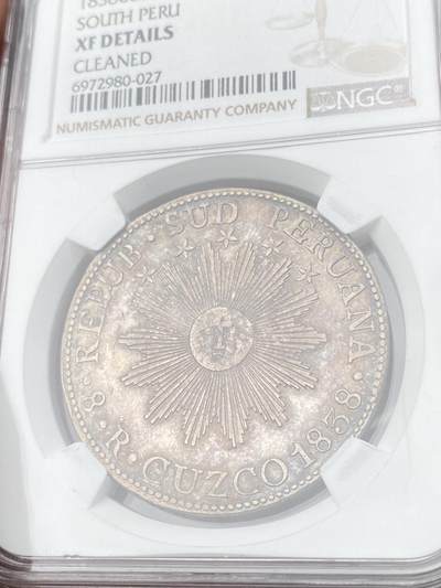 万国钱币拍卖第061期（马年首拍） NGC XFD 1838年南秘鲁太阳脸8瑞尔大银 南美洲名誉品种 好品罕见 深打原味酱彩难得