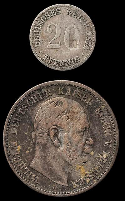 修遠堂世界钱币第105期，马年首拍 - 德国旧银币2枚，总重11.97g，含银90%