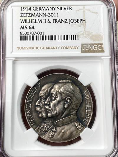 万国钱币拍卖第061期（马年首拍） - NGC MS64 1914年德国奥地利一战同盟纪念银章 德奥元首侧相 两位日耳曼勇士勇斗九头龙 罕见一战期间同盟国题材 原味黑彩高浮雕 顶级收藏品质