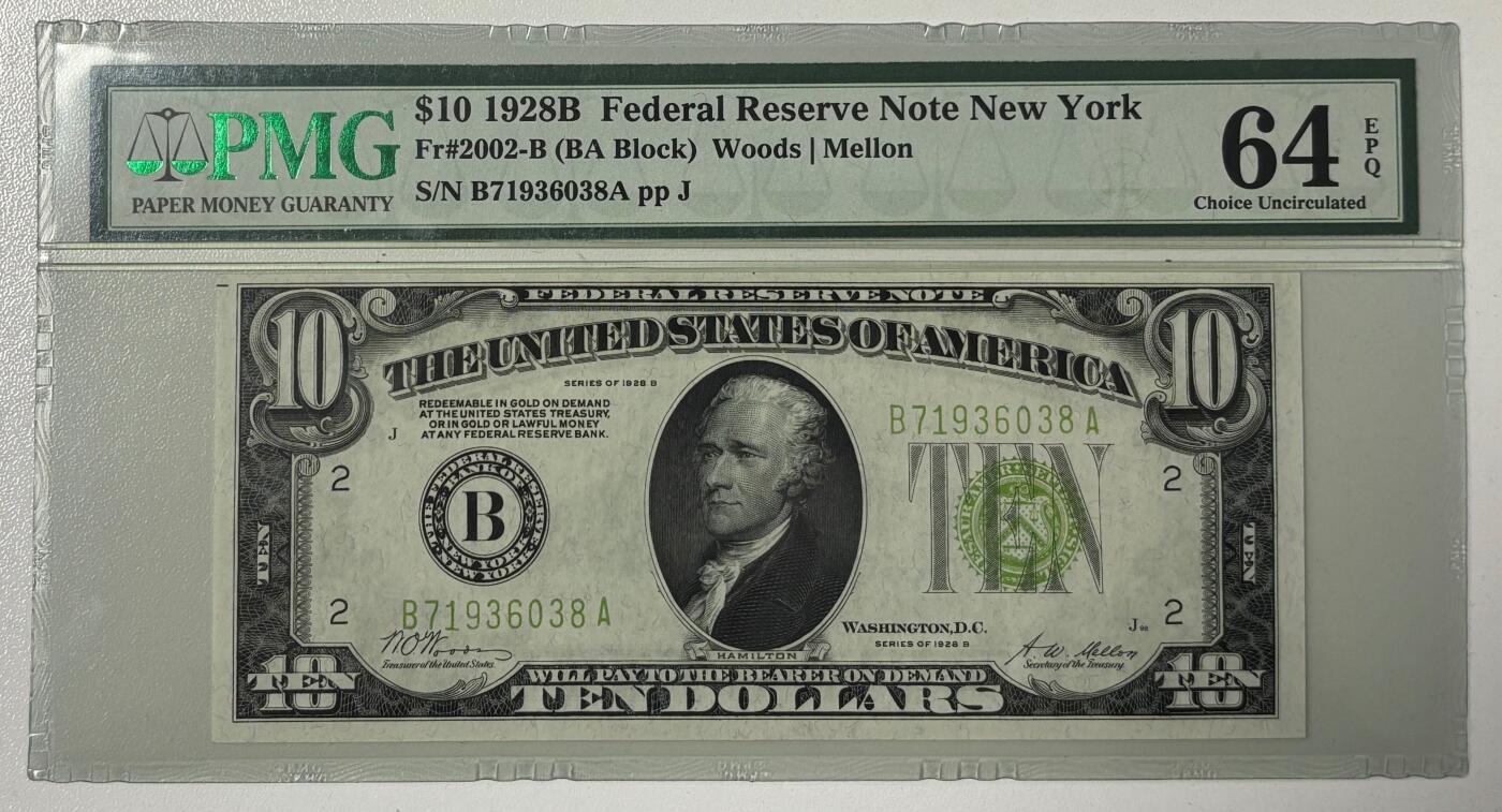 【礼羽收藏】🌏世界钱币拍卖125期 【New York首发A冠 号码无4 稀少浅绿色 Light Green】1928B年 10美元 PMG64EPQ 老壳