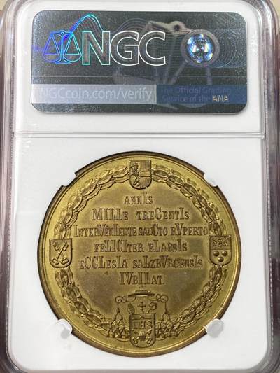 万国钱币拍卖第061期（马年首拍） NGC MS63 1882年奥地利萨尔茨堡建城1300周年纪念镀金大铜章 设计精美的萨尔茨堡城堡及城市景观全景精细无比