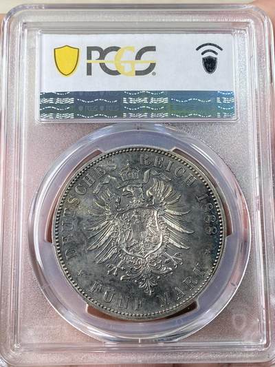 万国钱币拍卖第061期（马年首拍） PCGS MS63 1888德国普鲁士三皇年弗雷德里希三世流通短翅5马克银币 打制锋利厚重黑五彩包浆极美