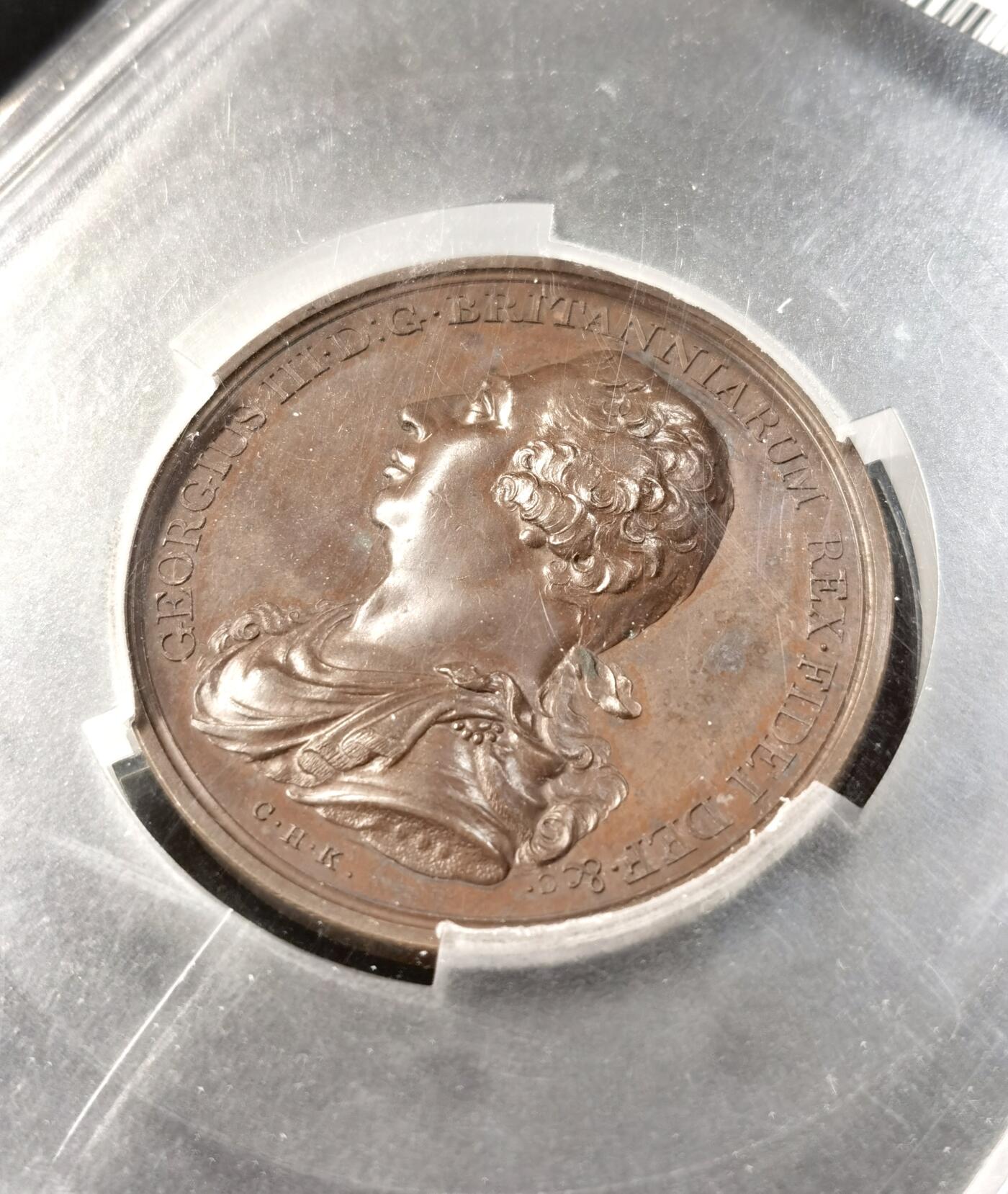 “福币呈祥”新年甄品场（直播拍卖）甄臻铺-世界币章拍卖（第50期），送拍享返佣金等优惠多多 PCGS-SP63 1802英国原铸乔治三世守护不列颠纪念铜章，铭文“无处不在的和平”，非常少见的一款拿破仑战争纪念章。