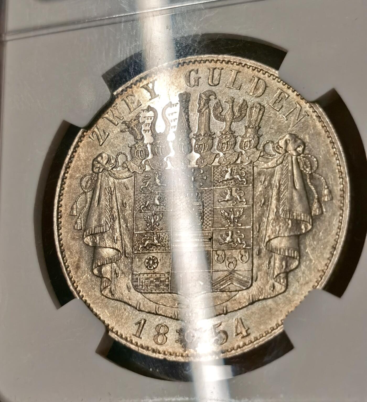 “福币呈祥”新年甄品场（直播拍卖）甄臻铺-世界币章拍卖（第50期），送拍享返佣金等优惠多多 NGC-MS61 1854年德国萨克森-梅宁根2古尔登大银币 罕见小邦品种 暴力十字转光银霜满满，低评高性价比