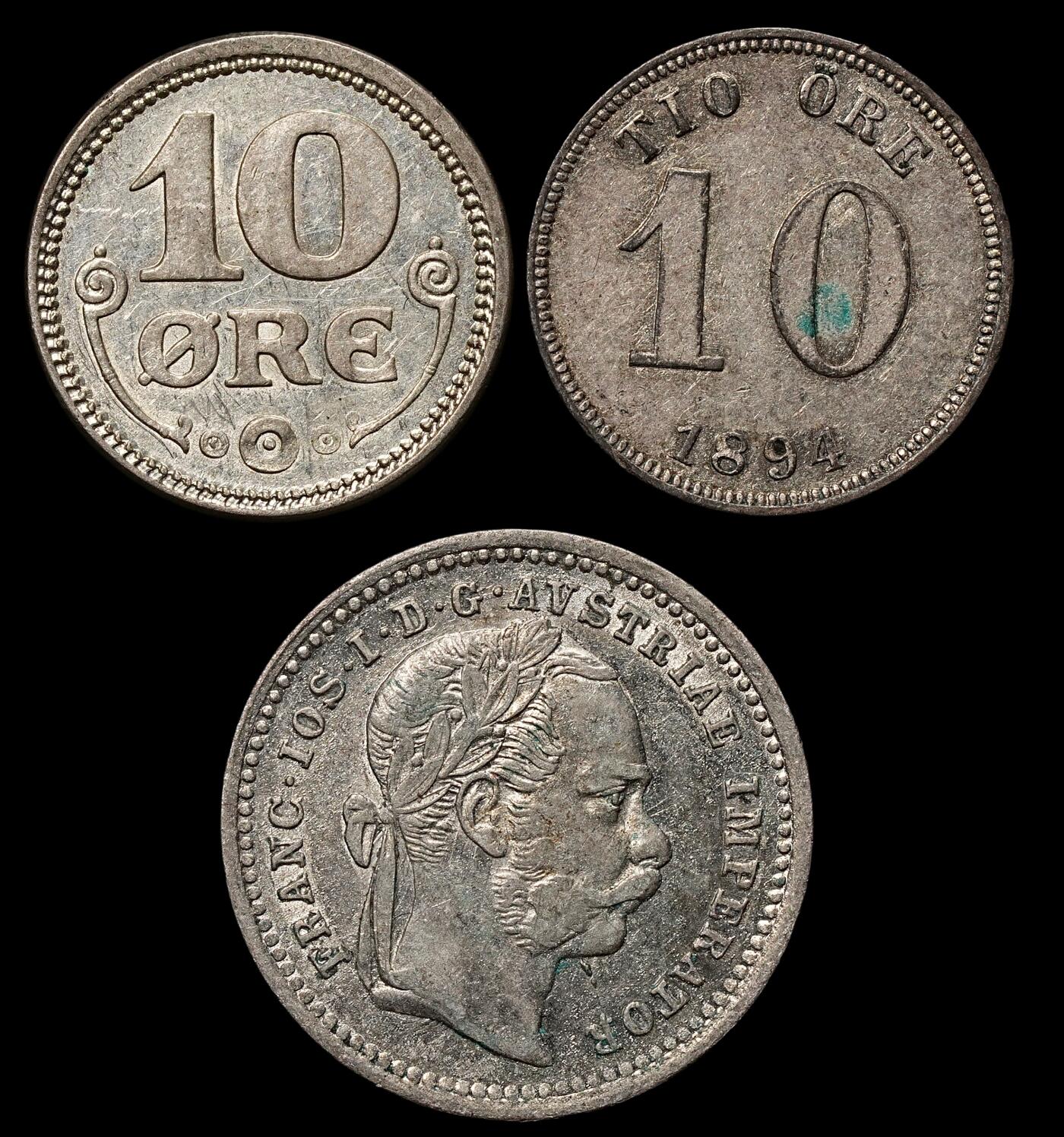 修遠堂世界钱币第105期，马年首拍 奥地利，丹麦，瑞典小银币3枚，总重4.55g