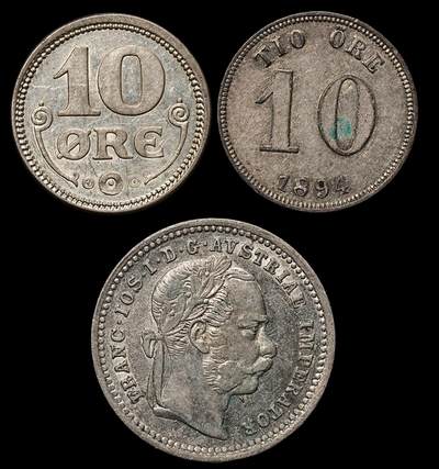 修遠堂世界钱币第105期，马年首拍 - 奥地利，丹麦，瑞典小银币3枚，总重4.55g