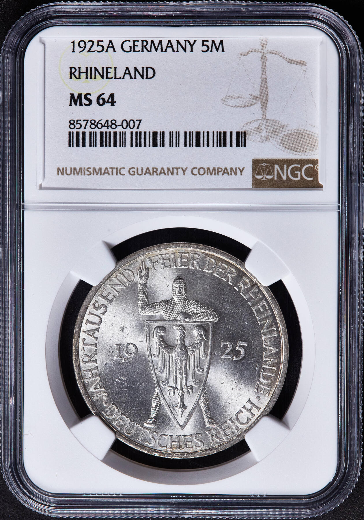 【俄甄集藏】马年新春第一拍 2026年(048)02-25星期三 晚 19:30 全场包邮 德国魏玛1925年A版莱茵兰千年5马克纪念大银币，NGC MS64，十字转光品相