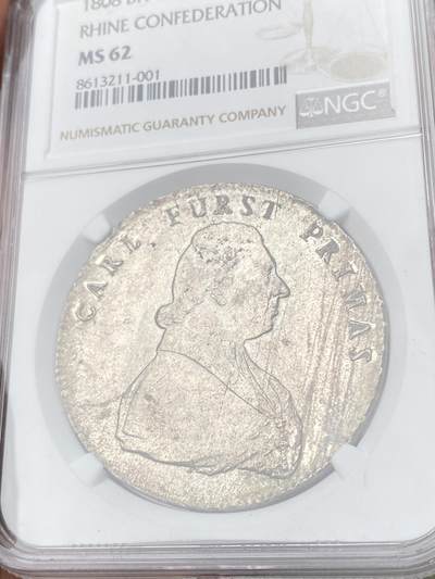 万国钱币拍卖第061期（马年首拍） NGC MS62 1808年德国法兰克福莱茵联邦公爵卡尔·西奥多尔·冯·达尔贝格窗帘大泰勒 NGC亚军分更高分仅一枚 高难罕见品种 顶级转光原味倒影包浆 收藏级状态