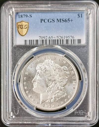 “福币呈祥”新年甄品场（直播拍卖）甄臻铺-世界币章拍卖（第50期），送拍享返佣金等优惠多多 - PCGS-MS65+ 美国 1879年S 1美元 摩根 银币 镜面地板，丝滑转光