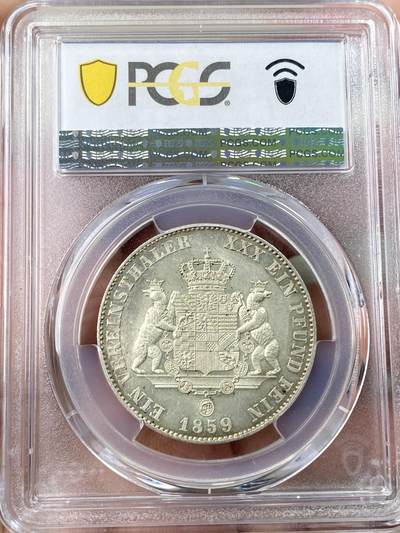 万国钱币拍卖第061期（马年首拍） PCGS MS62 1859年德国安哈尔特-贝恩堡疯王卡尔双熊纹章流通1泰勒 仅单年发行 PCGS亚军分难度极大的罕见品种 轻微镜面背面全毛双熊盾徽观感极佳的顶级收藏品质