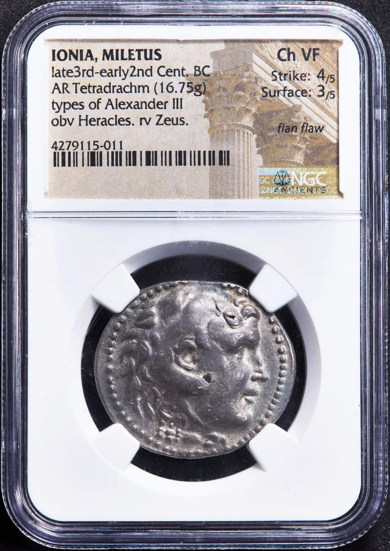 【俄甄集藏】马年新春第一拍 2026年(048)02-25星期三 晚 19:30 全场包邮 古希腊爱奥尼亚地区米利都城亚历山大三世公元前3世纪晚期至2世纪早期四德拉克马大力神银币，NGC Ch VF(Str 4/5, Sur 3/5)，米利都城邦打制，正面大力神赫拉克勒斯狮皮盔面右像，背面宙斯托鹰面左坐像，稀有版式