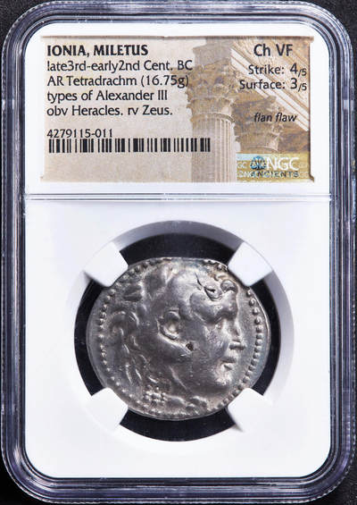 【俄甄集藏】马年新春第一拍 2026年(048)02-25星期三 晚 19:30 全场包邮 - 古希腊爱奥尼亚地区米利都城亚历山大三世公元前3世纪晚期至2世纪早期四德拉克马大力神银币，NGC Ch VF(Str 4/5, Sur 3/5)，米利都城邦打制，正面大力神赫拉克勒斯狮皮盔面右像，背面宙斯托鹰面左坐像，稀有版式