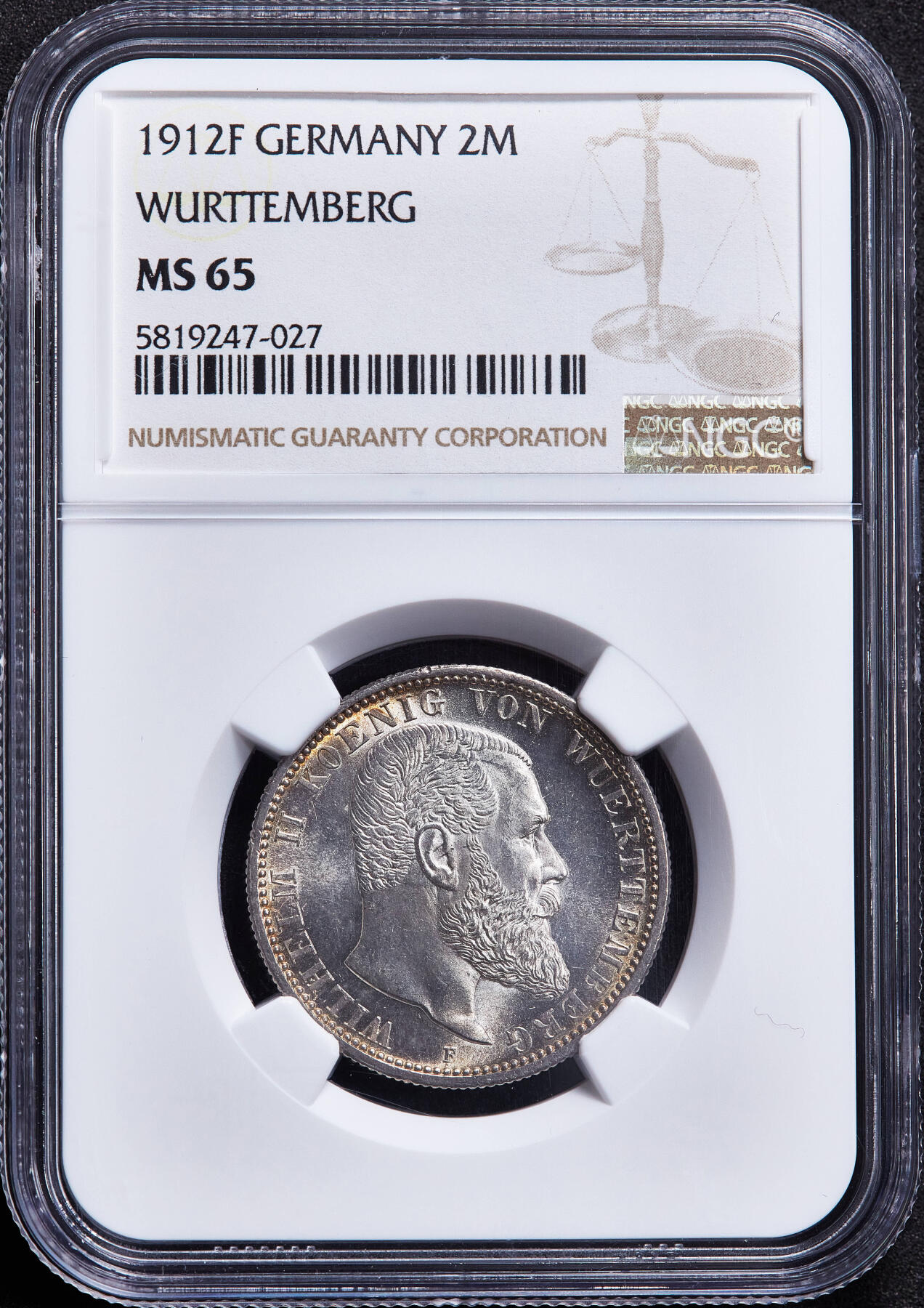 【俄甄集藏】马年新春第一拍 2026年(048)02-25星期三 晚 19:30 全场包邮 德国符腾堡1912年威廉二世F版2马克银币，NGC MS65，黄油环彩原味包浆，转光品相