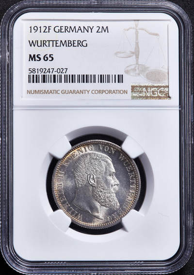 【俄甄集藏】马年新春第一拍 2026年(048)02-25星期三 晚 19:30 全场包邮 - 德国符腾堡1912年威廉二世F版2马克银币，NGC MS65，黄油环彩原味包浆，转光品相
