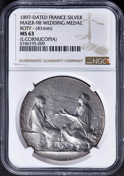 【俄甄集藏】马年新春第一拍 2026年(048)02-25星期三 晚 19:30 全场包邮 - 法国1897年罗蒂“永恒的爱”结婚银婚大银章，NGC MS63，原味包浆，经典品种，丰饶角铭