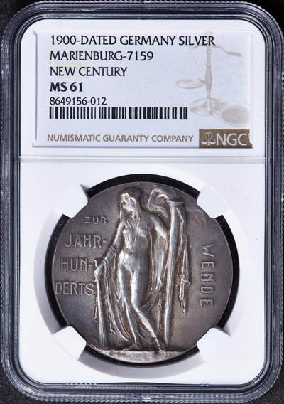 【俄甄集藏】马年新春第一拍 2026年(048)02-25星期三 晚 19:30 全场包邮 - 德国1900年新艺术运动风格裸体女神与狮身人面像纪念新世纪大银章，NGC MS61，酱彩包浆，名家弗里德里希·荣格作品