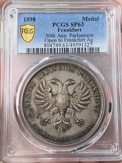 万国钱币拍卖第061期（马年首拍） PCGS SP63 1898年德国法兰克福纪念保罗教堂议会开幕50周年大银章 高浮雕法兰克福双头鹰英姿飒爽 通体原味均匀德式五彩极美 罕见品种收藏级 41mm 33.72g