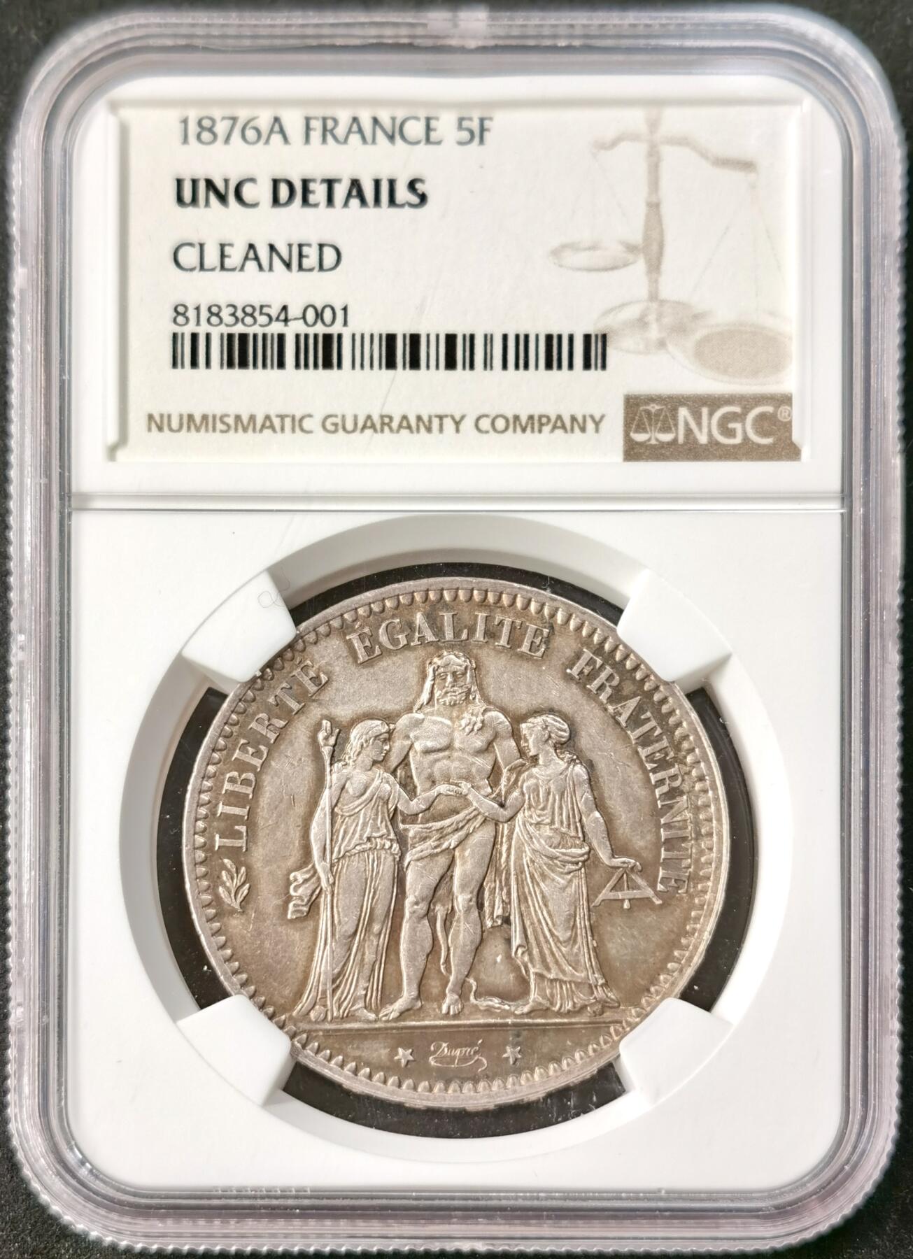 “福币呈祥”新年甄品场（直播拍卖）甄臻铺-世界币章拍卖（第50期），送拍享返佣金等优惠多多 NGC-UNC 1876年法国5法郎大银币 正面转光 背面包浆厚彩 适当养护可搏分