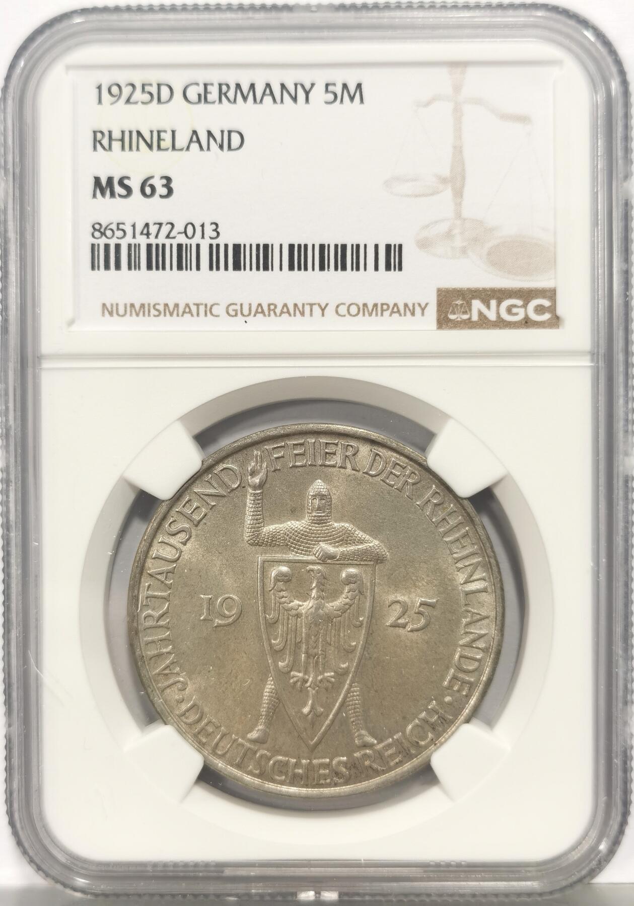 博洋堂蛇年收官专场暨第161期（全场包邮） NGC MS63 德国魏玛1925年D版莱茵千年5马克银币