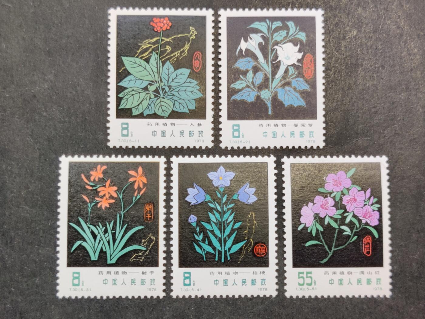 洪涛臻品批发群 精选邮票限时拍卖第1259期  T30 药用植物 新全套 原胶背白面艳票挺! 全品!