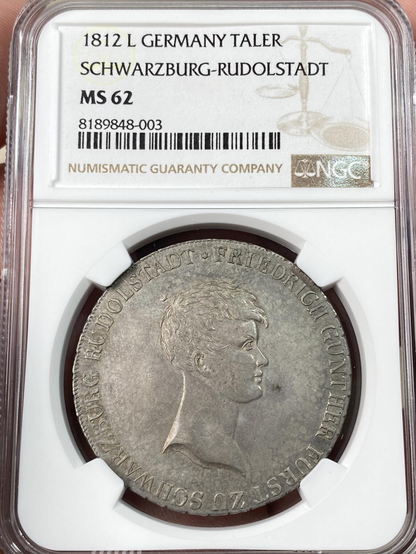 万国钱币拍卖第061期（马年首拍） NGC MS62 1812年德国施瓦茨堡-鲁道尔斯塔特公国大泰勒 正面为弗里德里希·冈瑟大公侧相 此版本为仅发行两年的小邦珍稀品种 全深均匀欧陆淡彩极美