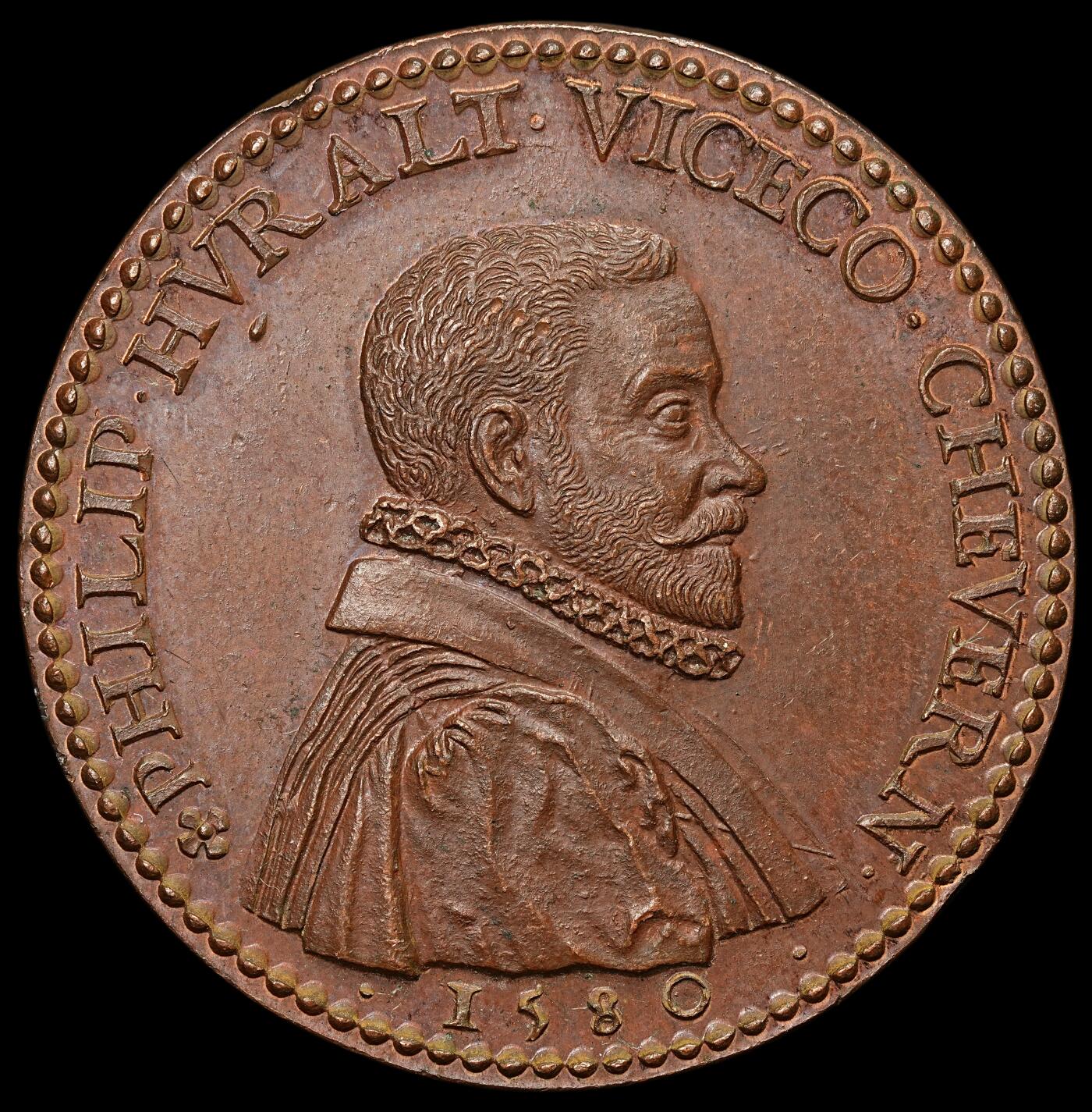 修遠堂世界钱币第105期，马年首拍  1580年法国菲利普・于罗・德・舍韦尔尼铜章，37.40mm，26.86g，看铜质和铸造工艺，应该是19世纪后铸品