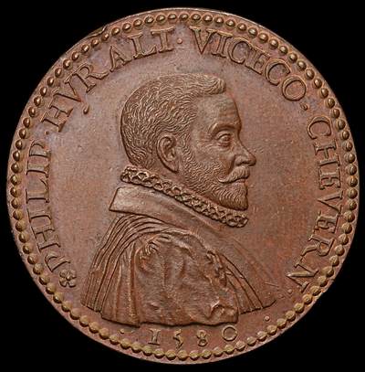 修遠堂世界钱币第105期，马年首拍 -  1580年法国菲利普・于罗・德・舍韦尔尼铜章，37.40mm，26.86g，看铜质和铸造工艺，应该是19世纪后铸品