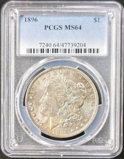 “福币呈祥”新年甄品场（直播拍卖）甄臻铺-世界币章拍卖（第50期），送拍享返佣金等优惠多多 - PCGS-MS64 美国 1896年 摩根 银币 正面彩虹五彩包浆 背面环彩带银霜