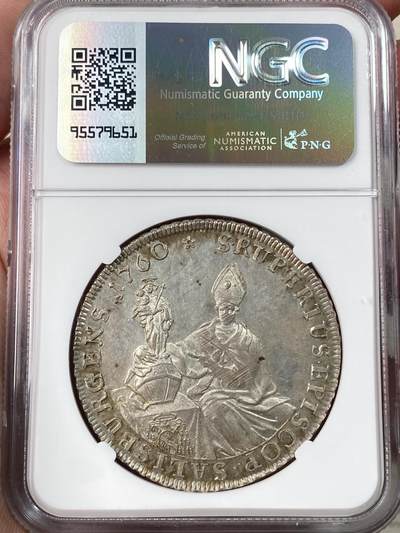 万国钱币拍卖第061期（马年首拍） NGC MS63 1760年神圣罗马帝国哈布斯堡领地-萨尔茨堡大主教区西吉斯蒙德三世·冯·施特拉滕巴赫 背面的圣鲁德贝尔特手持厄廷格圣母抱婴像 华丽的浅香槟金色倒影包浆极致美丽 NGC唯一亚军分更高分仅一枚 顶级收藏品质