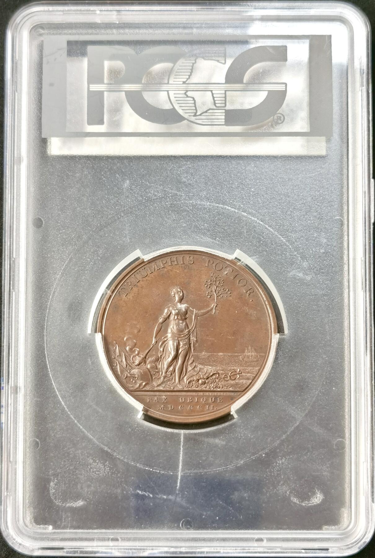 “福币呈祥”新年甄品场（直播拍卖）甄臻铺-世界币章拍卖（第50期），送拍享返佣金等优惠多多 PCGS-SP63 1802英国原铸乔治三世守护不列颠纪念铜章，铭文“无处不在的和平”，非常少见的一款拿破仑战争纪念章。