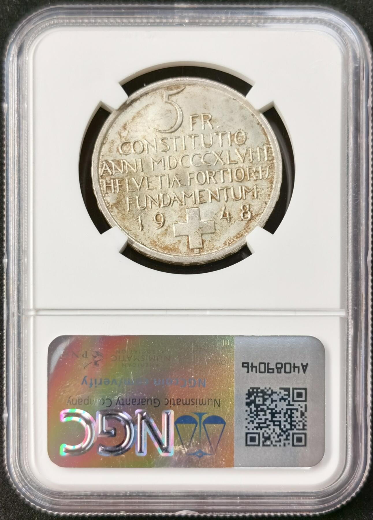 “福币呈祥”新年甄品场（直播拍卖）甄臻铺-世界币章拍卖（第50期），送拍享返佣金等优惠多多 NGC-MS65 1948B瑞士5法郎银币宪法百年