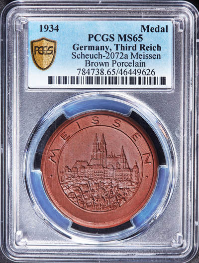 【俄甄集藏】马年新春第一拍 2026年(048)02-25星期三 晚 19:30 全场包邮 - 德国第三帝国1934年新人民法院成立陶瓷纪念章，PCGS MS65，梅森陶瓷厂造，少见品种，季军，原图联系客服或至官网查询