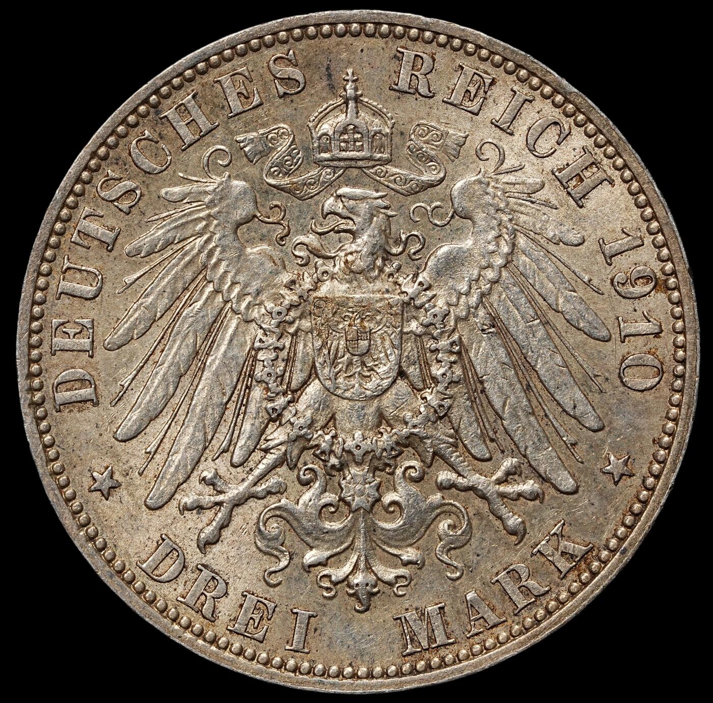 修遠堂世界钱币第105期，马年首拍 1910年萨克森3马克银币