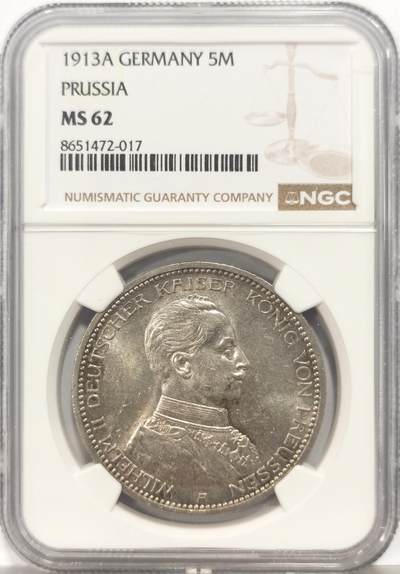 博洋堂蛇年收官专场暨第161期（全场包邮） - NGC MS62 德国普鲁士1913年威廉二世军装5马克银币 淡彩转光不错