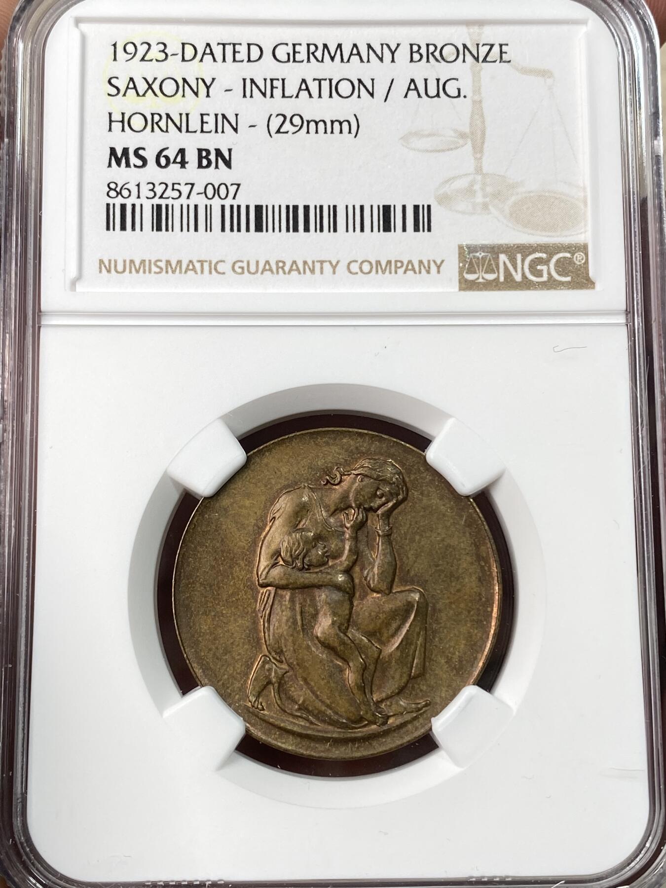万国钱币拍卖第061期（马年首拍） NGC MS63～64 1923年德国萨克森紧急时期通货膨胀纪念铜章一组两枚 罕见德紧品种 由弗里德里希·威廉·霍恩莱因设计 穆尔登赫滕铸币厂造 背面是当时物价指数
