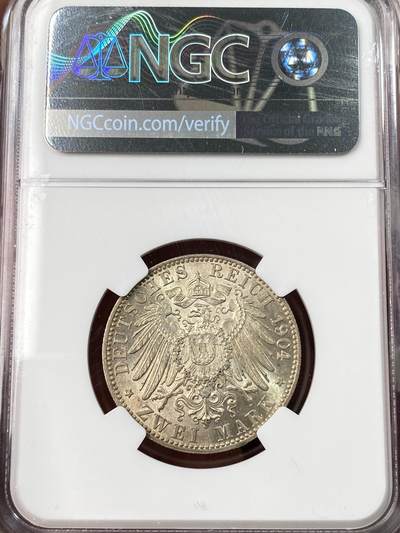 万国钱币拍卖第061期（马年首拍） NGC MS65 1904年德国不莱梅双狮护匙长翅流通2马克 自由市经典品种 淡金彩包浆超炫转光沁人心脾 顶级BU收藏品质