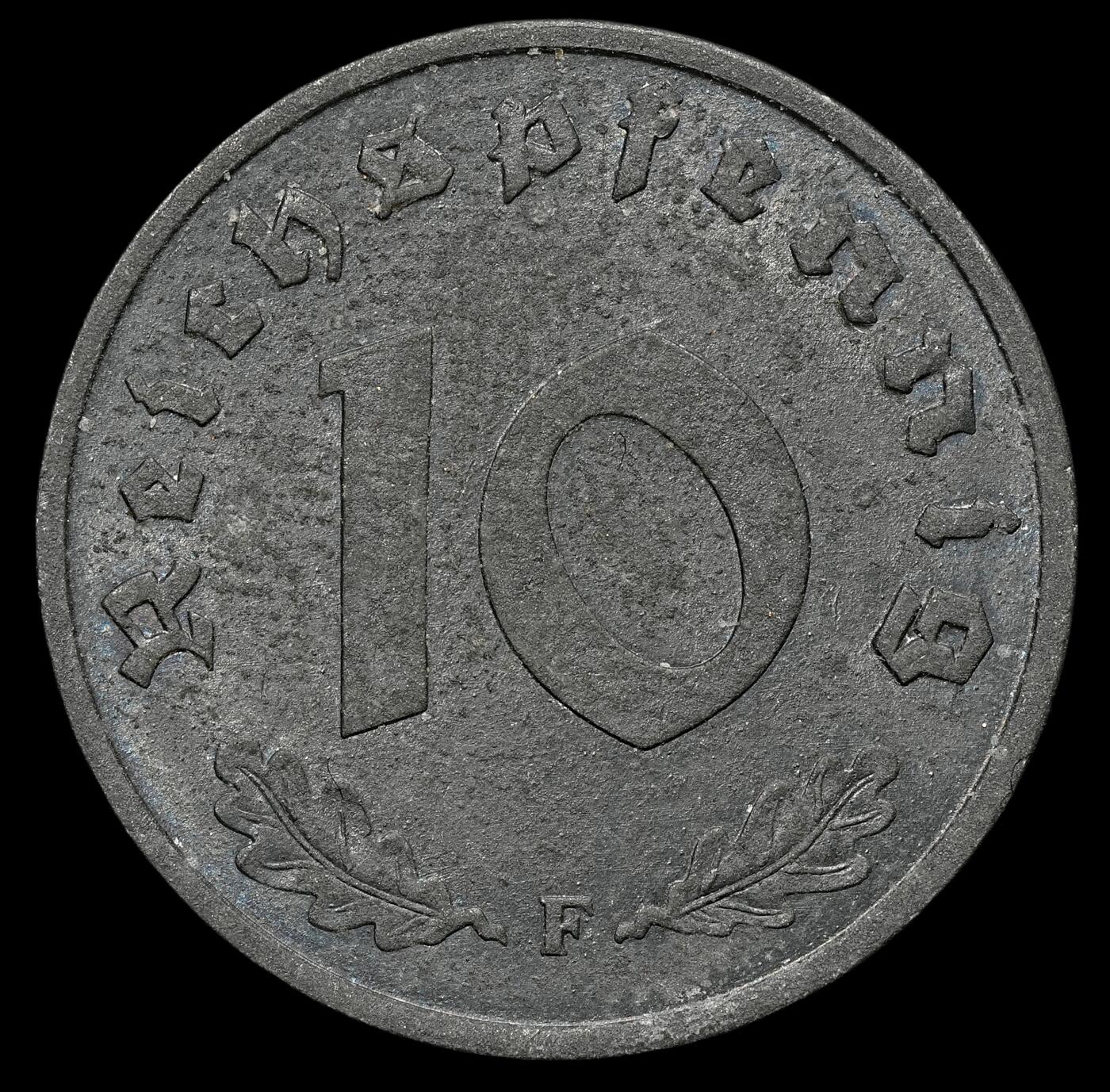 修遠堂世界钱币第105期，马年首拍 1948年盟军占德国10芬尼锌币，F厂铭，拔毛鹰，带光