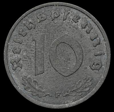 修遠堂世界钱币第105期，马年首拍 - 1948年盟军占德国10芬尼锌币，F厂铭，拔毛鹰，带光
