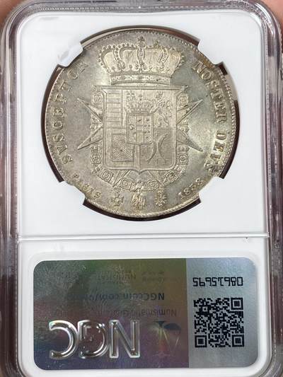 万国钱币拍卖第061期（马年首拍） NGC MS63 1858年意大利托斯卡纳利奥波德二世4菲奥里尼大银 全深打丝绸转光香槟淡彩环绕 收藏级品质