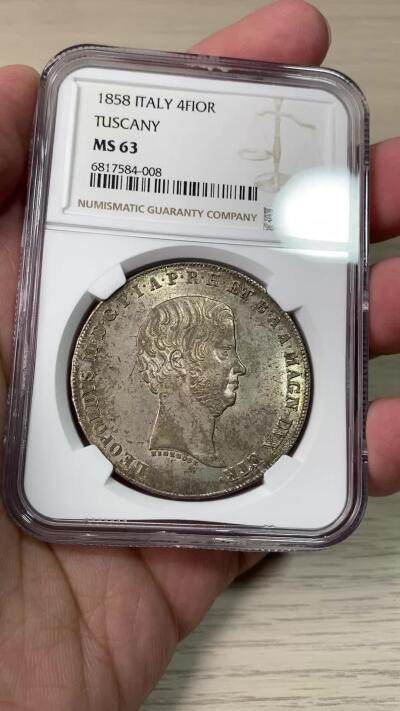 万国钱币拍卖第061期（马年首拍） NGC MS63 1858年意大利托斯卡纳利奥波德二世4菲奥里尼大银 全深打丝绸转光香槟淡彩环绕 收藏级品质