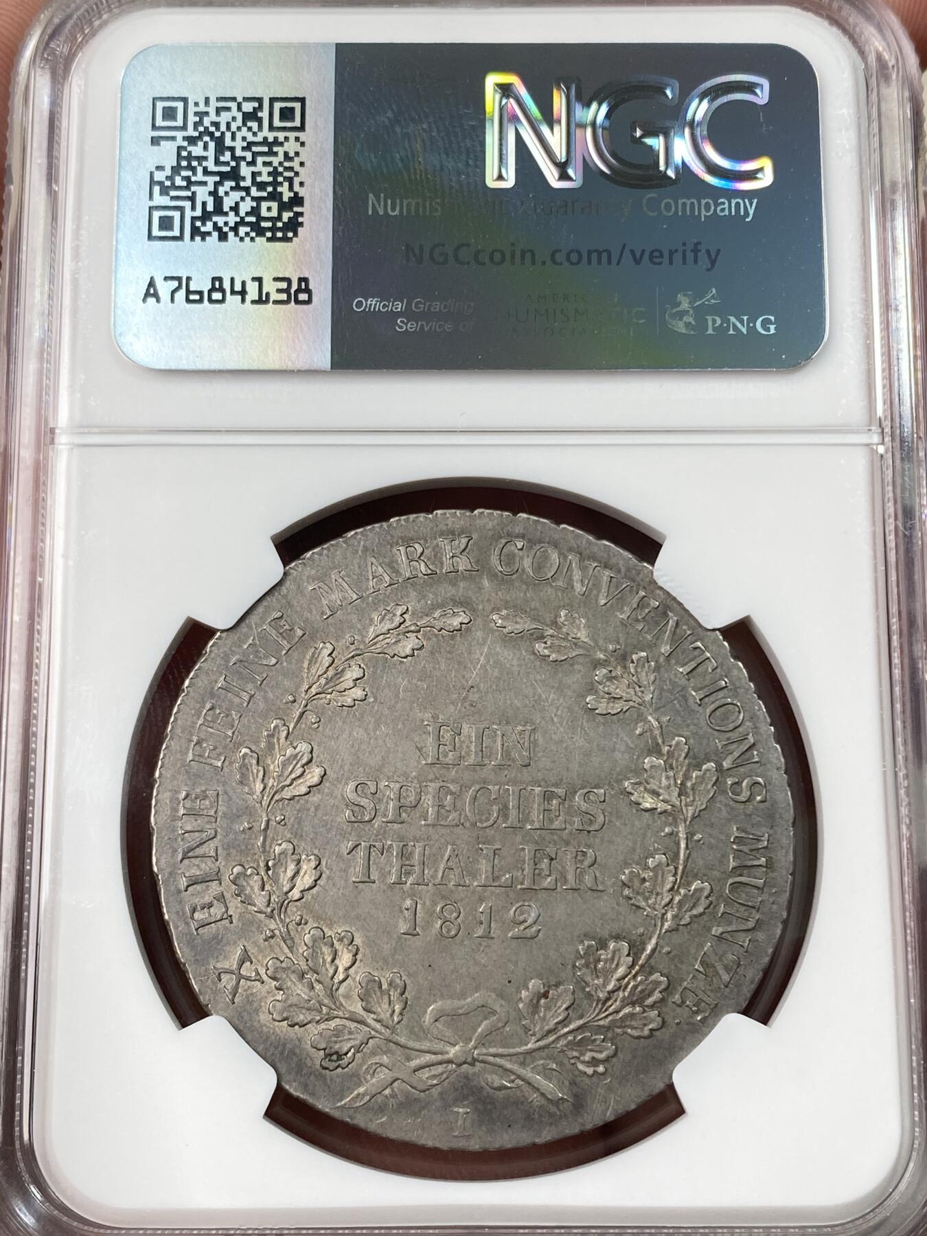 万国钱币拍卖第061期（马年首拍） NGC MS62 1812年德国施瓦茨堡-鲁道尔斯塔特公国大泰勒 正面为弗里德里希·冈瑟大公侧相 此版本为仅发行两年的小邦珍稀品种 全深均匀欧陆淡彩极美