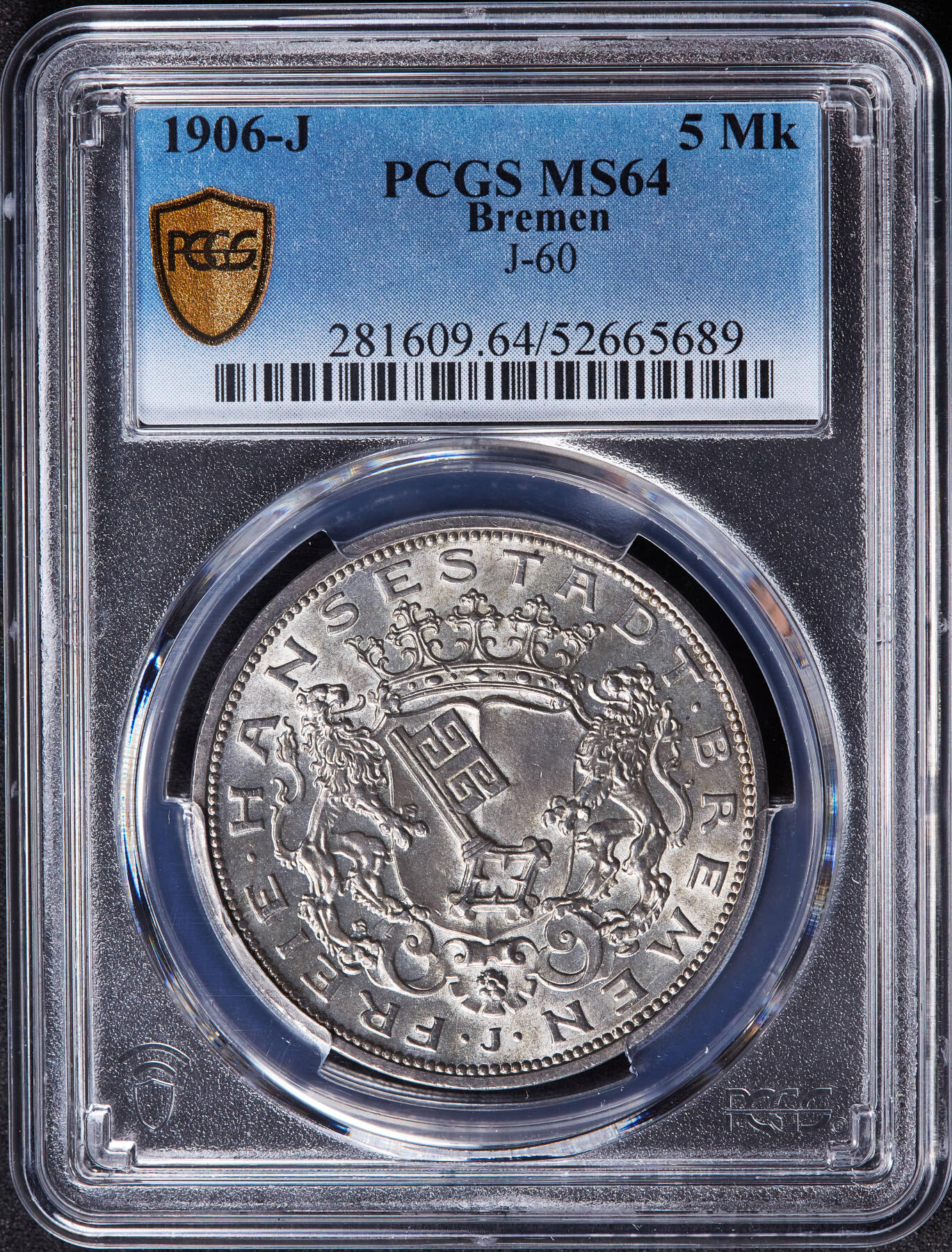【俄甄集藏】马年新春第一拍 2026年(048)02-25星期三 晚 19:30 全场包邮 德国不莱梅1906年J版5马克大银币，PCGS MS64，原味转光品相