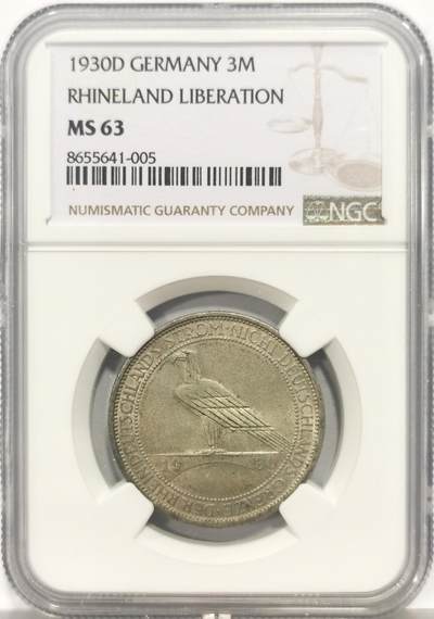 博洋堂蛇年收官专场暨第161期（全场包邮） - NGC MS63 德国魏玛1930年D版莱茵解放鹰桥3马克银币