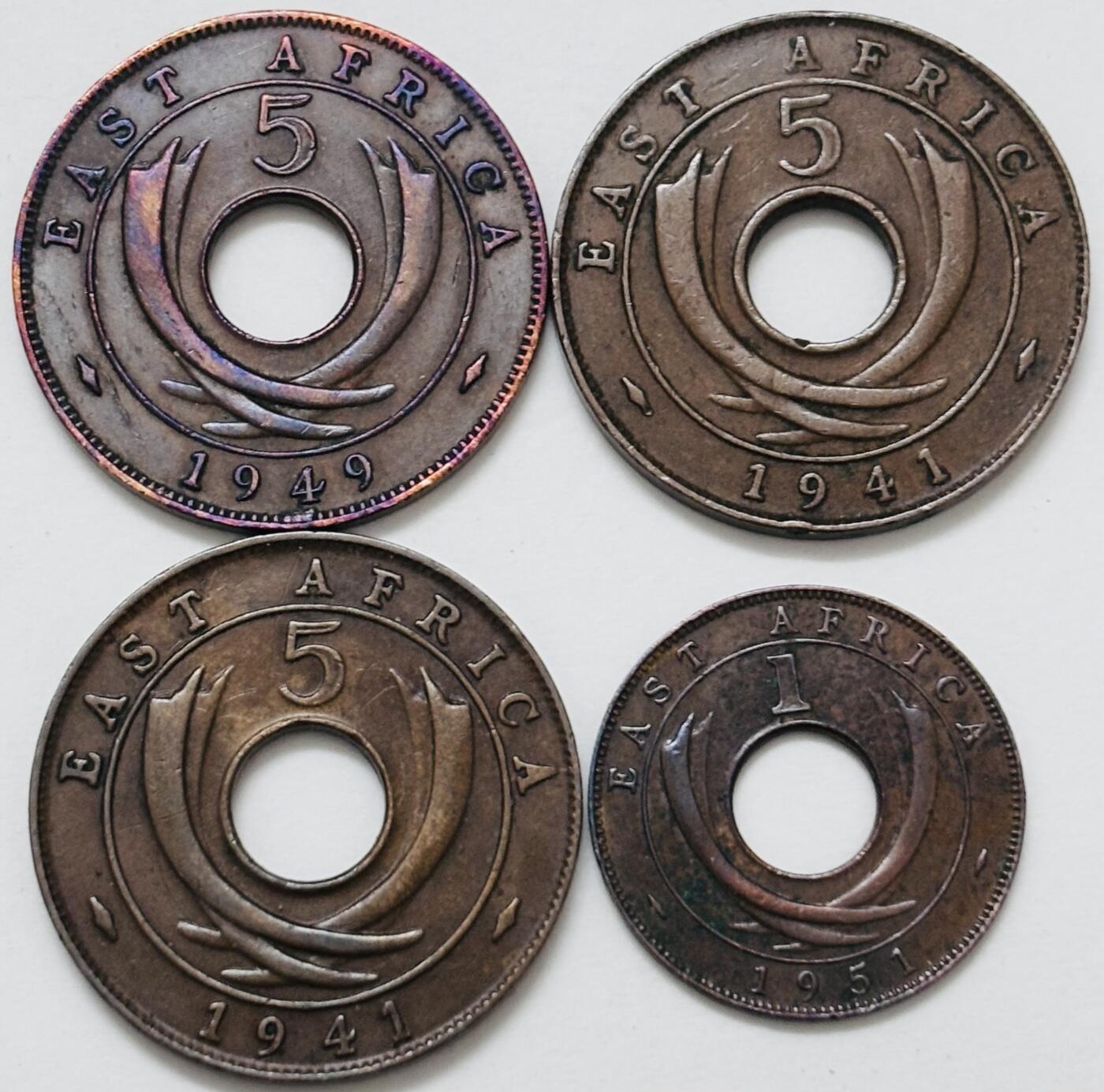 【金马踏春，泉马奔腾】2026 年新年贺岁场，（定于年初五接财神截拍）祝各位老板马到成功，马上有钱，愿岁岁平安喜乐顺遂 少见极美品 1941/49/51 年英属东非乔治五世 1-5 分铜币，三枚 I KN 版本，一枚带彩，细节看图
