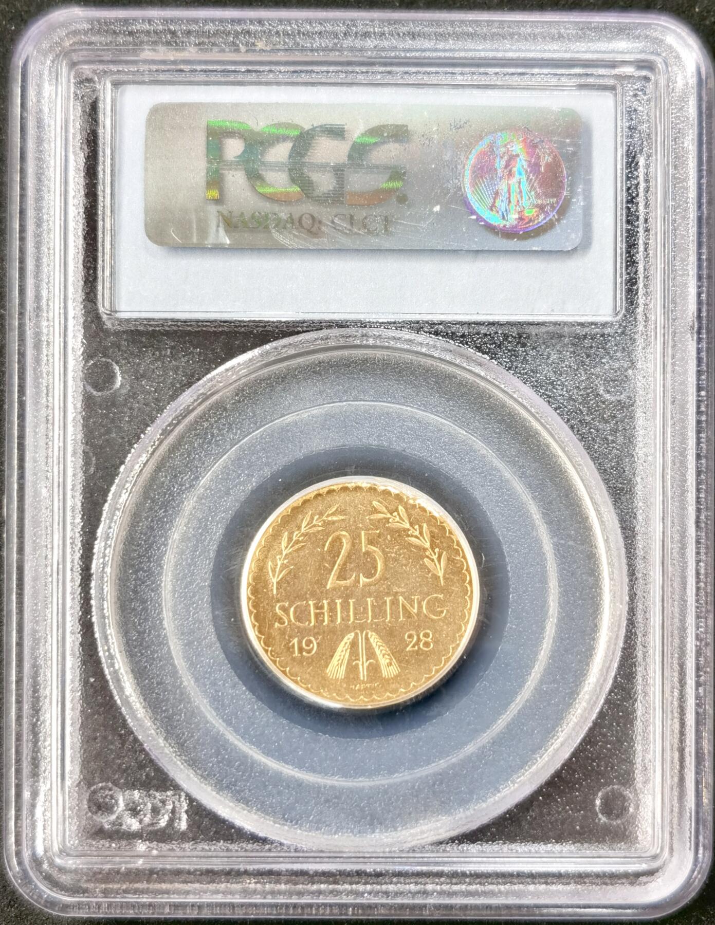 “福币呈祥”新年甄品场（直播拍卖）甄臻铺-世界币章拍卖（第50期），送拍享返佣金等优惠多多 PCGS-MS64(PCGS官网显示PL)奥地利共和国 1928年 25先令 金币 5.88g 900金，绝对的PL质感
